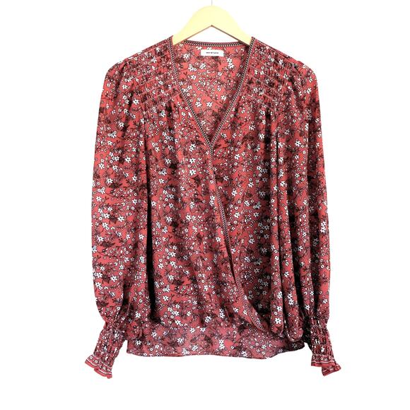 Max Studio Blouse Pink Floral Long Sleeve Boho Wrap with Smocked Accents Med - Picture 1 of 8